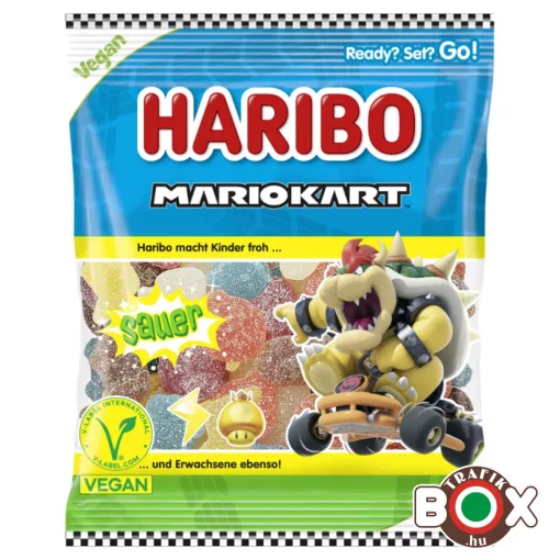 HARIBO Mario Kart Sauer savanyú, gyümölcsízű kandírozott gumicukorka, részben kóla ízesítéssel 160g