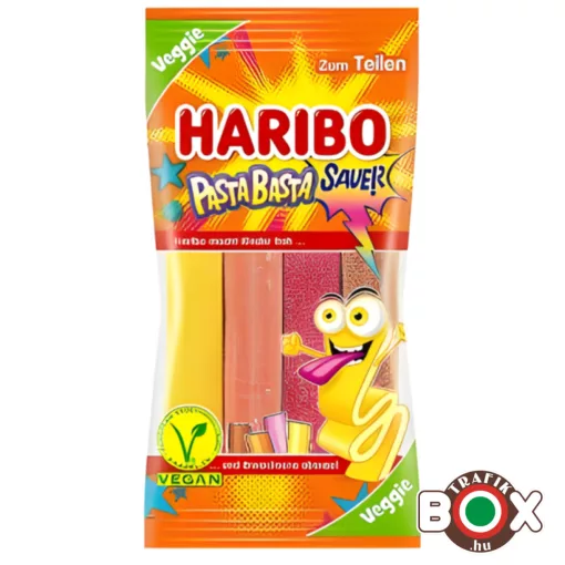 HARIBO Pasta Basta F!ZZ savanyú, gyümölcs és kólaízű kandírozott gumicukorka 80g