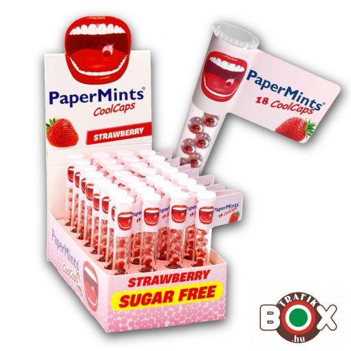 Papermints Cool Caps Strawberry Mint, 2 Fázisú Lehelet frissítő, cukormentes, mentolos cukorka, 18 db-os. 210690