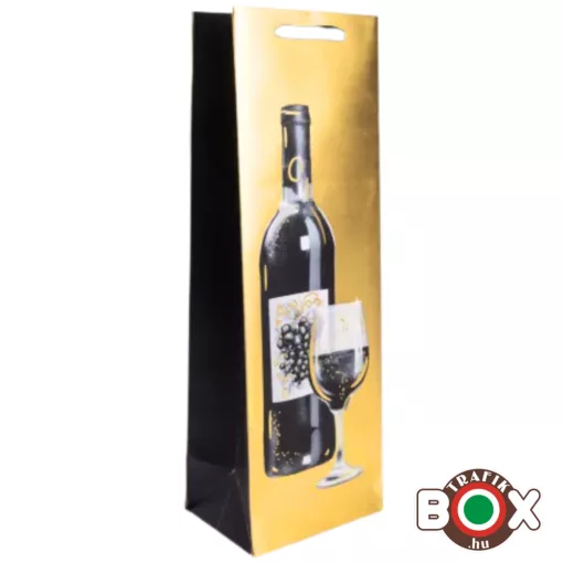 Dísztasak italos Borosüveg+pohár arany/fekete 36*12*9 cm 370804