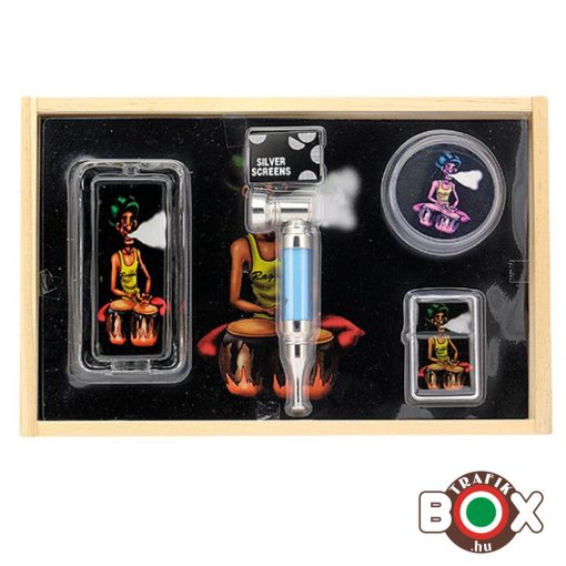 Fémpipa RASTA 2 szett, őrlő, szűrő, öngyújtó és hamutál díszdobozban 48128