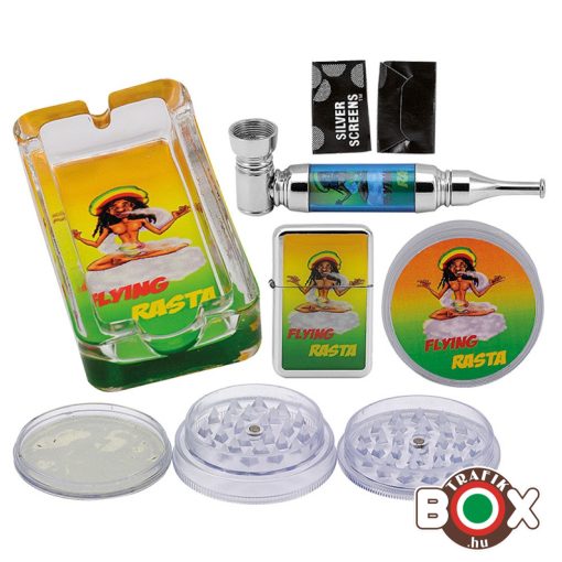 Fémpipa RASTA szett, őrlő, szűrő, öngyújtó és hamutál díszdobozban 48130