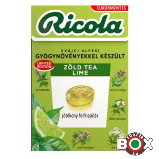 RICOLA  Zöld tea-lime cukormentes, svájci gyógynövény cukorka 40g