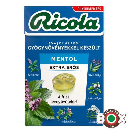 RICOLA Extra erős mentol cukormentes, svájci gyógynövény cukorka 40g