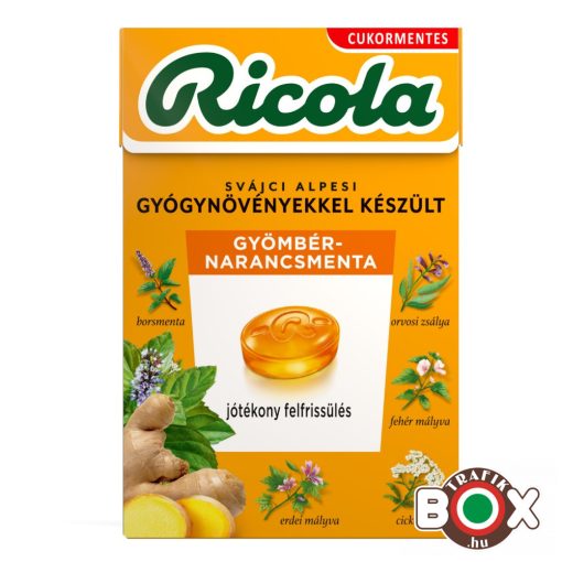 RICOLA Gyömbér-narancsmenta cukormentes, svájci gyógynövény cukorka 44g