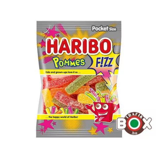 HARIBO Pommes FIZZ Gumicukor, savanyú hasábburgonya vegyes gyümölcs ízű 80 g