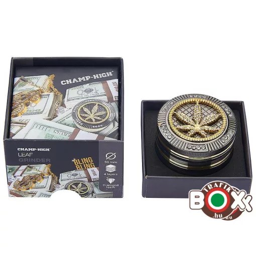 Dohányőrlő CHAMP Fém Strassz Cannabis 4 részes 5 cm 40506117