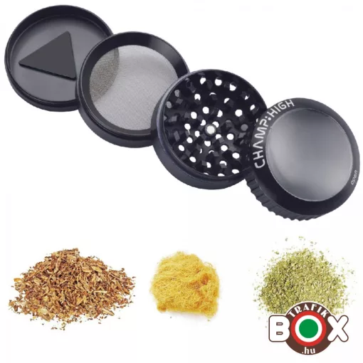 Dohányőrlő Champ Fekete Nagyító tetejű tartóval 4 részes 50 mm 40506183