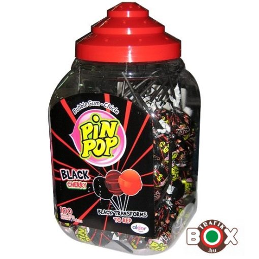 PIN POP fekete cseresznye ízű nyalóka rágóval 100 db × 17g